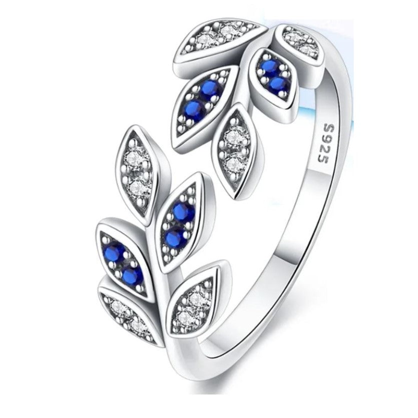 Anillo Plata S925 Hojas Plata y Azul