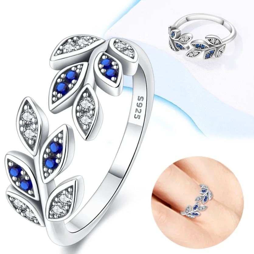 Anillo Plata S925 Hojas Plata y Azul