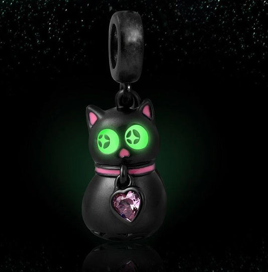 Charm Plata S925 Gato Negro Brilla Oscuridad