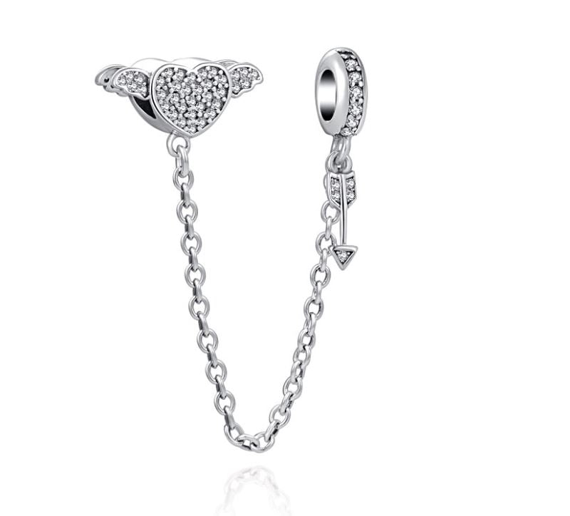 Cadena de Seguridad Plata S925 Corazón Alas Flecha